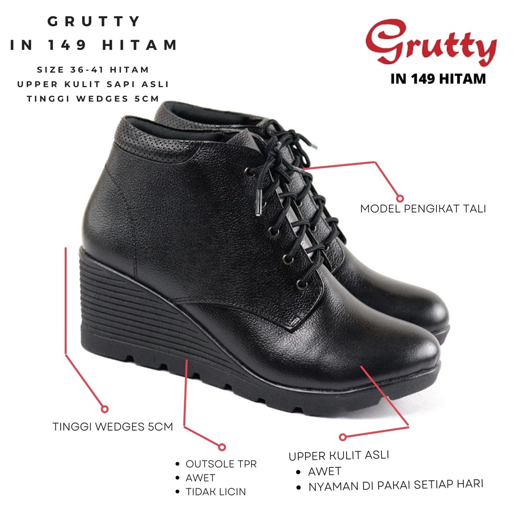 Sepatu Wanita Boots Grutty Hak Wedges Model Tali 36-40 Bahan Kulit Sapi Asli Warna Hitam