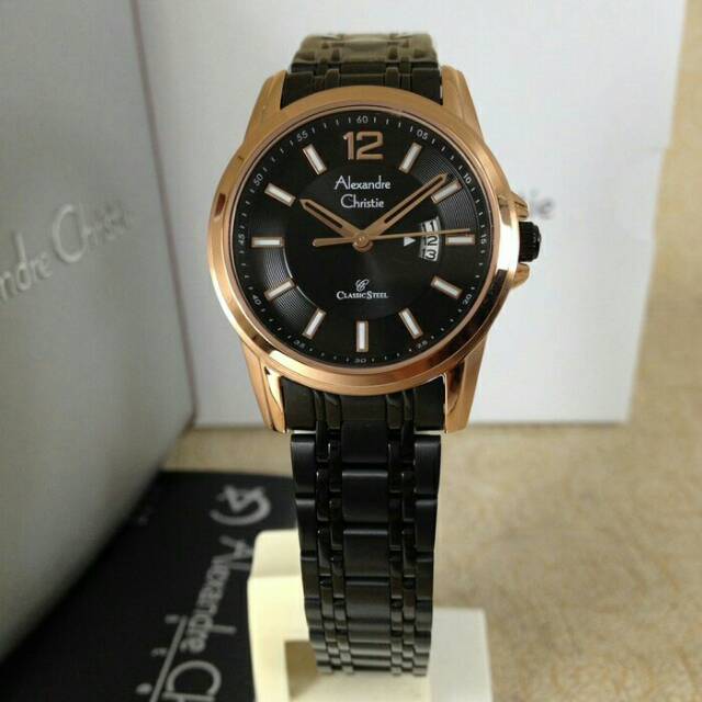 jam tangan wanita AC Alexandre Christie 8325 rantai hitam rosegold original