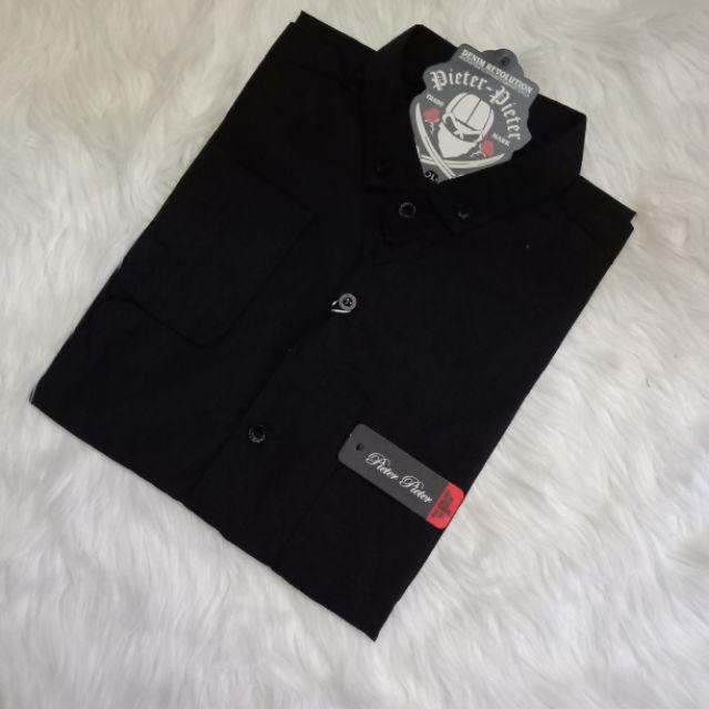 kemeja cowok polos lengan panjang slimfit hem pria kantor hitam navy putih maron army-Kemeja Panjang Hitam