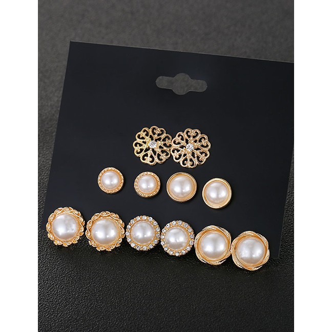 LRC Anting Tusuk Fashion Golden Pearl Flower Hollow Alloy Pearl Earring D84469