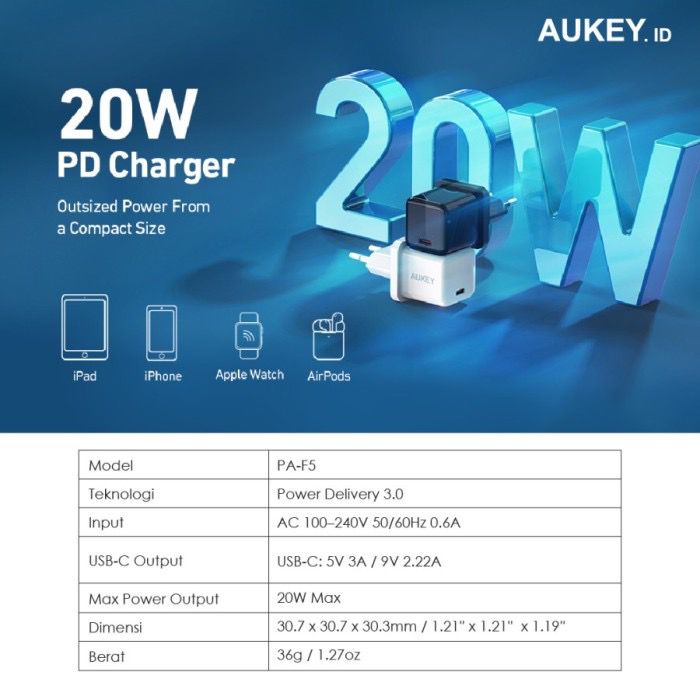 Aukey Adapter Minima Type C 20W PD - 500901 / 500891 / 501681 - PA-F5 - Garansi Resmi 2 Tahun