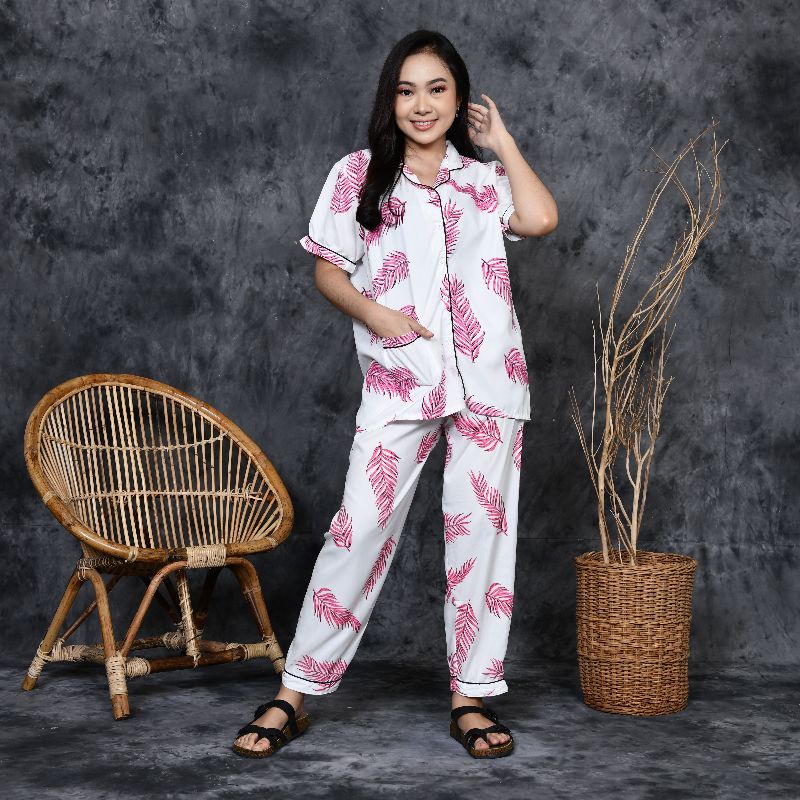 Baju Tidur Piyama Wanita Dewasa Motif Mocca Daun CP Lengan Pendek Celana Panjang Kekinian