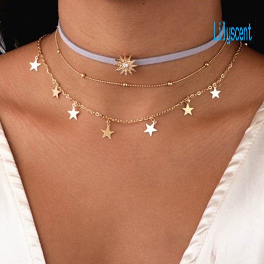 3pcs Kalung Choker 3 Lapis Bentuk Matahari Bintang Aksen Berlian Imitasi Untuk Wanita