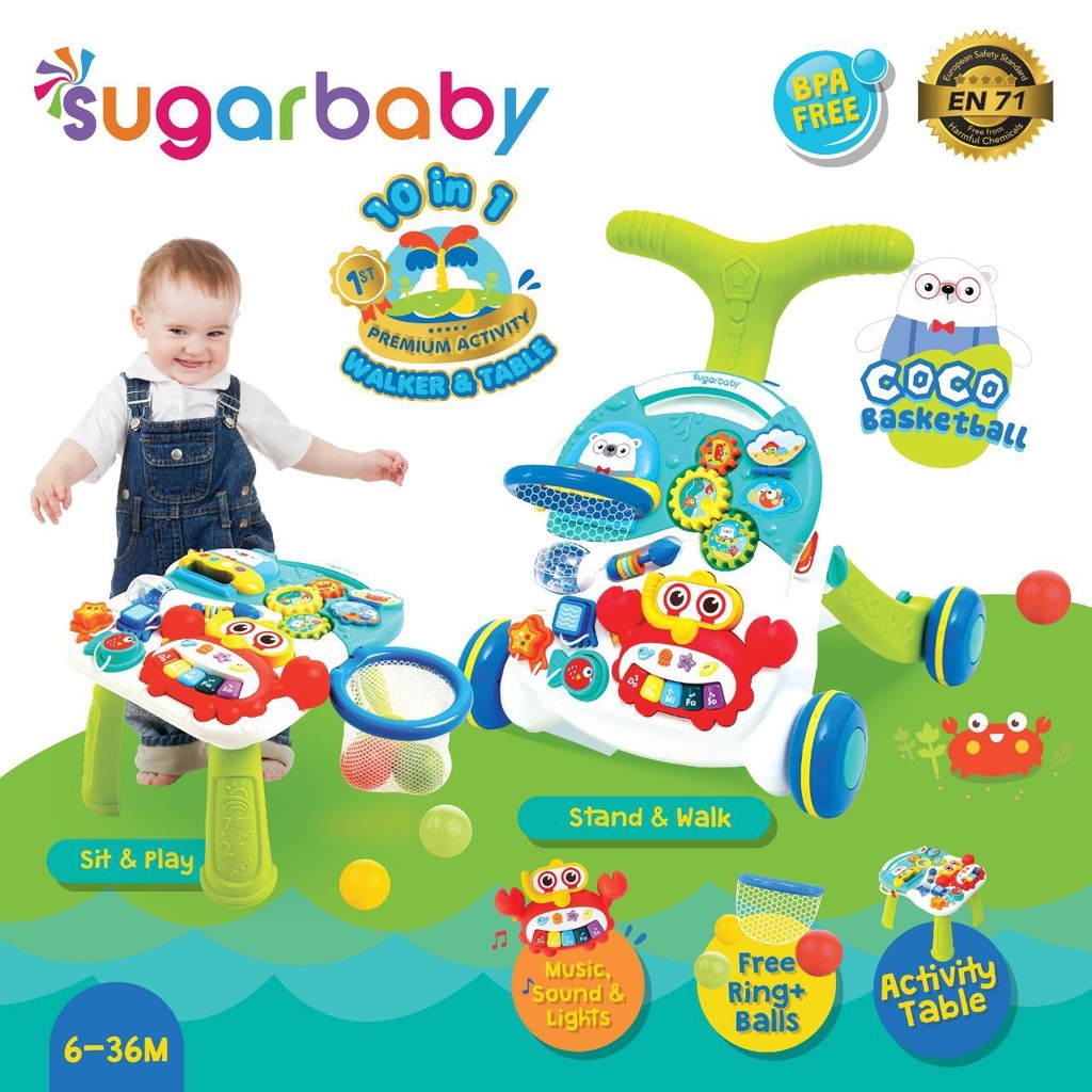 SUGAR BABY 10IN1 PREMIUM ACTIVITY WALKER & TABLE-GREEN-BLUE