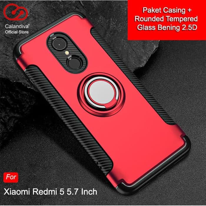 PROMO  Calandiva Ring Carbon Case Xiaomi Redmi 5 5.7 Inch - Red + TG