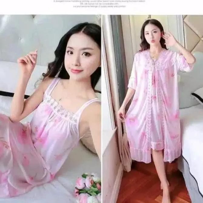 Hot Produk Baju Tidur Kimono Bunga Import Satin Good Quality Murah - Merah Muda Berkualitas