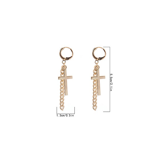 LRC Anting Tusuk Fashion Golden Geometric Cross Tassel Chain Stitching Earrings K48359