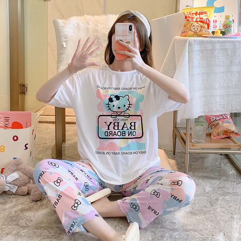 Setelan Piyama Lengan Pendek Baju Tidur Wanita Set Baju Tidur Wanita Dewasa Set Piyama Oversize-rainbow h. kitty