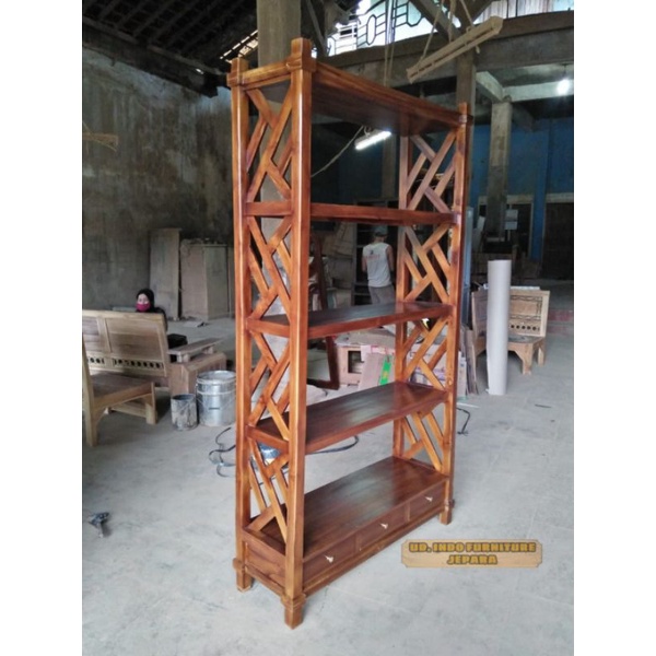 rak lemari tempat buku kerja/ kantor/ hiasan dan boneka di rumah minimalis kayu jati laci 3