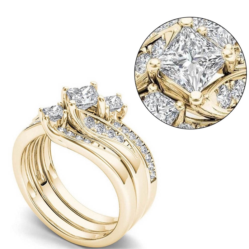 Princess 3Pcs/Set Cincin Tunangan Kuning Emas 14K Hias Kristal+Topaz Putih