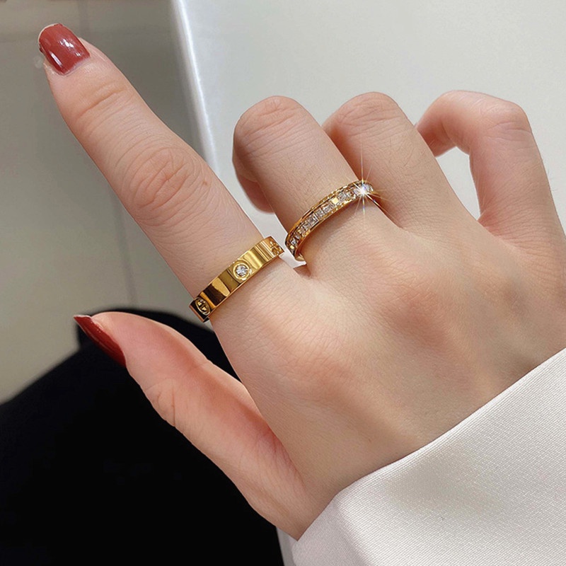 Cincin Titanium Wanita Anti karat 18k Emas Klasik Berlian Perhiasan Titanium Asli