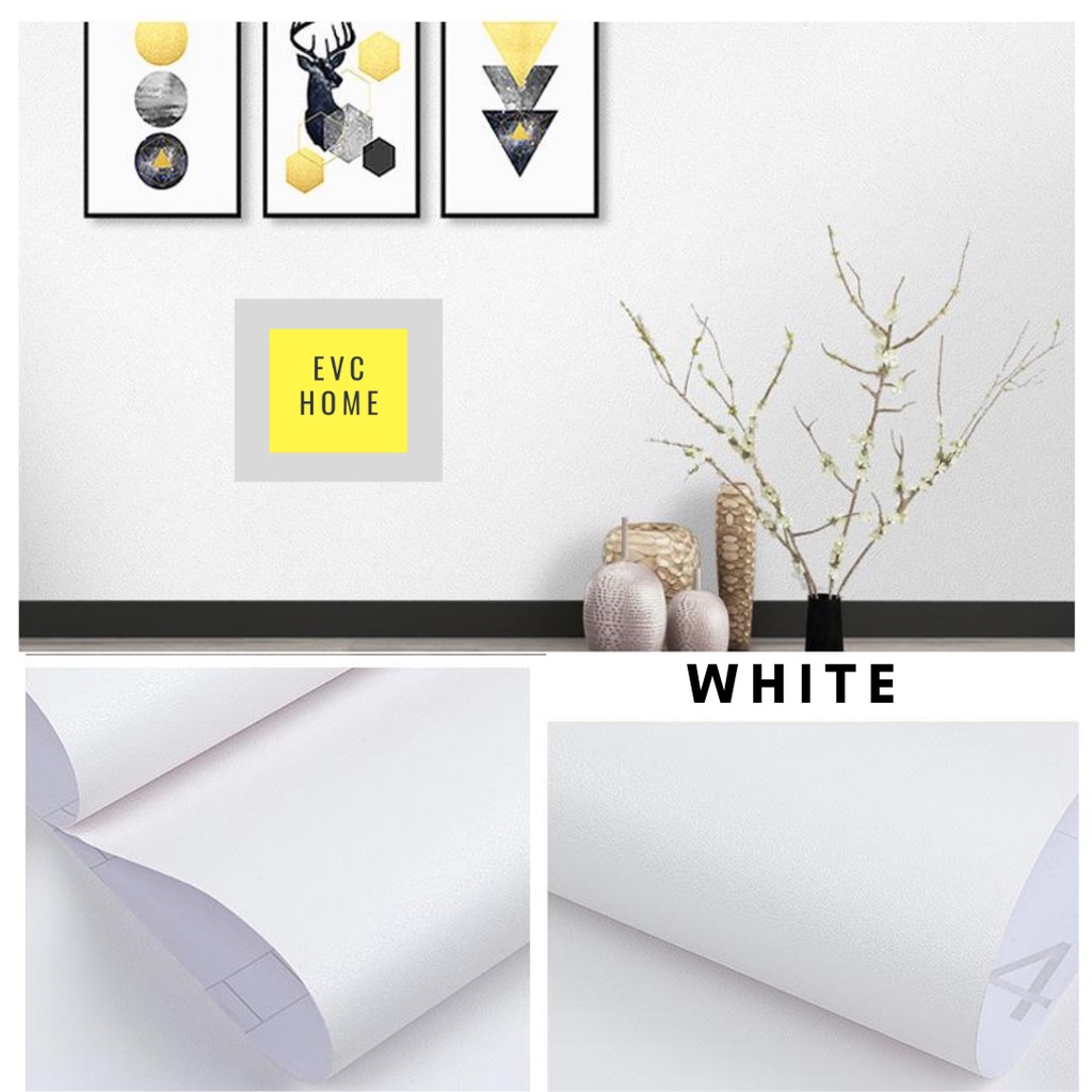 EVCHOME 45CM x 10M Wallpaper Sticker Dinding Polos 3D Korea Premium/Wallstiker Embos Dekorasi Dinding-White Polos
