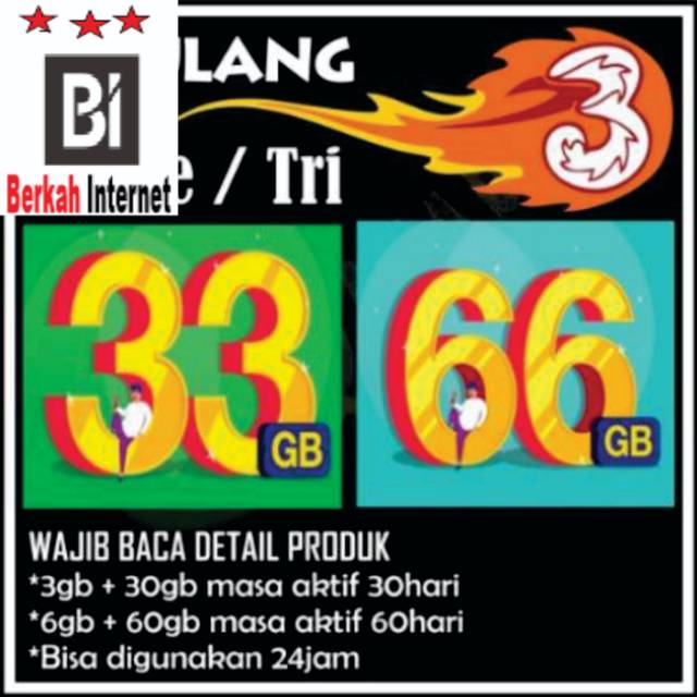 INJECT PAKET DATA INTERNET THREE TRI 3 MURAH UNLIMITED 6GB(jabodetabek) AON 2.5gb jaringan 4G LTE