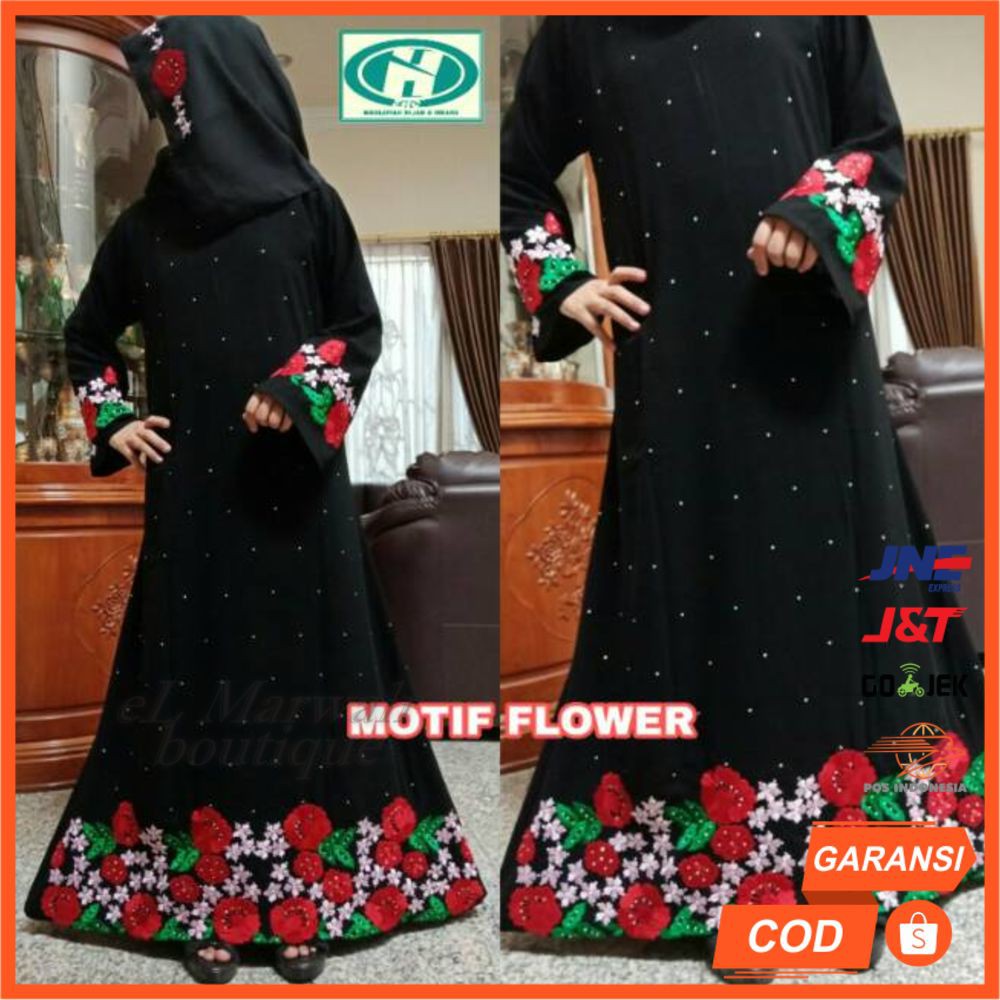 Gamis Turki Bordir Bunga ABAYA HITAM eLMarwah AA17 jet black