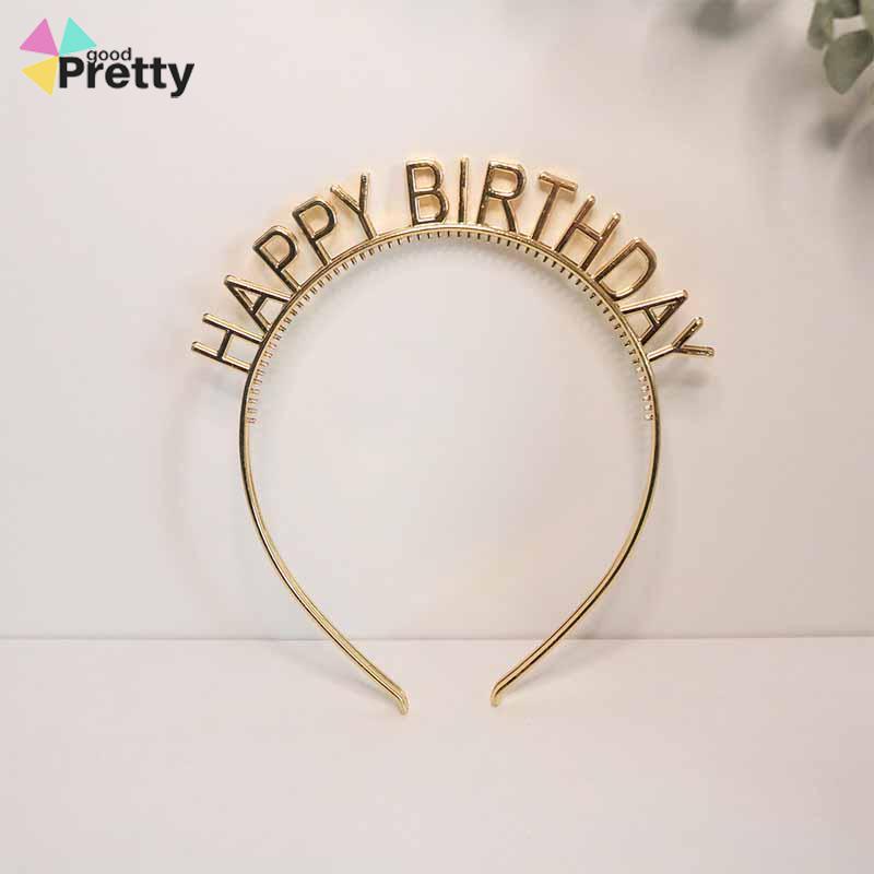 Bando Happy Birthday Jepit Rambut Bentuk Mahkota Tulisan Warna Rose Gold Silver Untuk Dekorasi Pesta Ulang Tahun ikat kepala