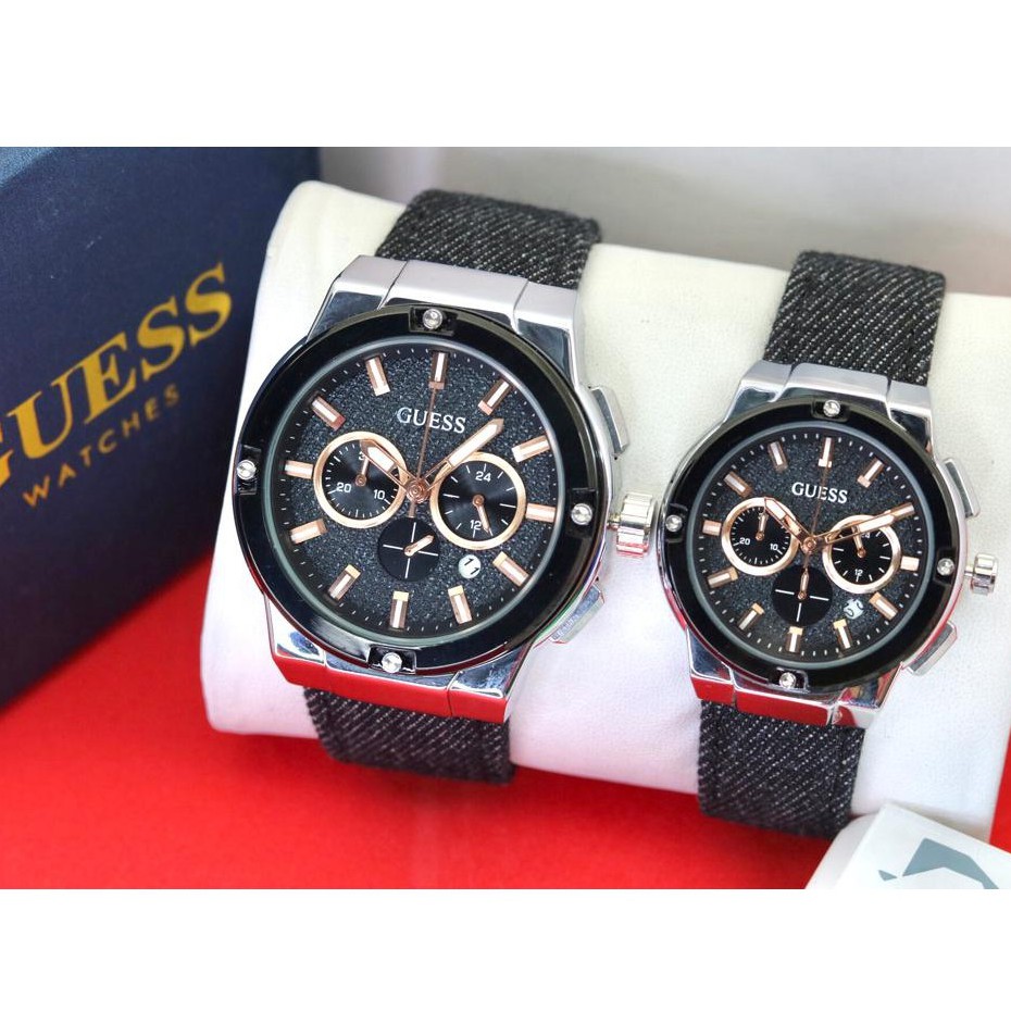 [ COD ] Jam Tangan Couple Fashion Guess PW Strap Kulit Chrono Tanggal Aktif Free Box Original & Bate