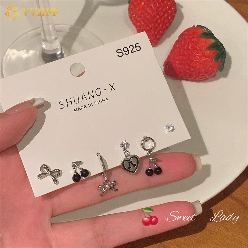 6pcs / Set Anting Tusuk Gaya Korea Bentuk Cherry Hitam Aksen Kristal Untuk Perhiasan Wanita