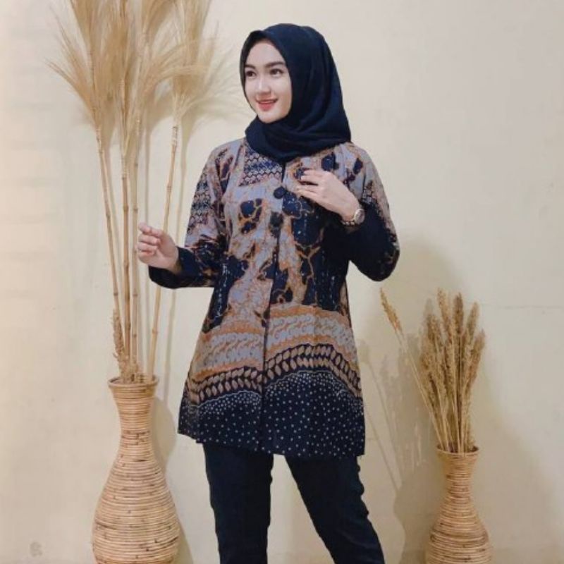 tey-17 Batik wanita ASJ SA HRB026 Kenongo Kemeja Tosca Pendek-ABSTRAK