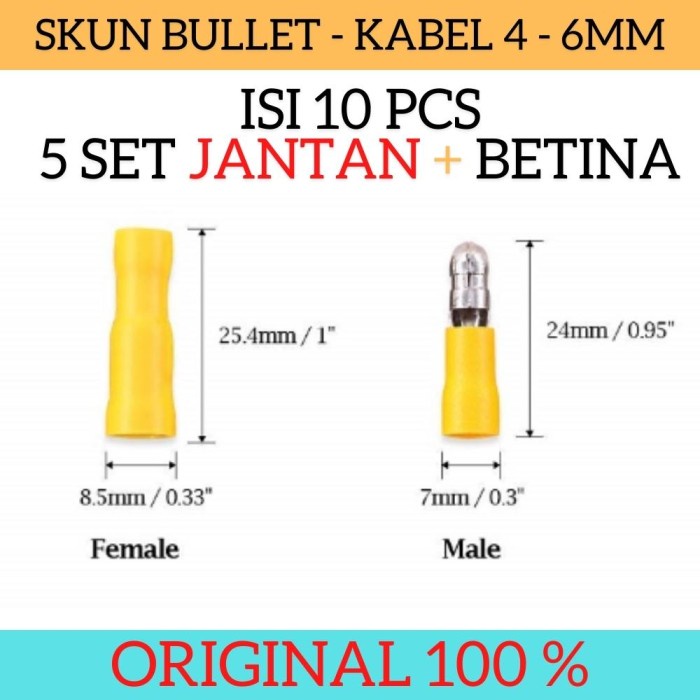 Isi 5 Set Skun Bullet Connector Terminal Kabel Cable 4 - 6mm Yellow