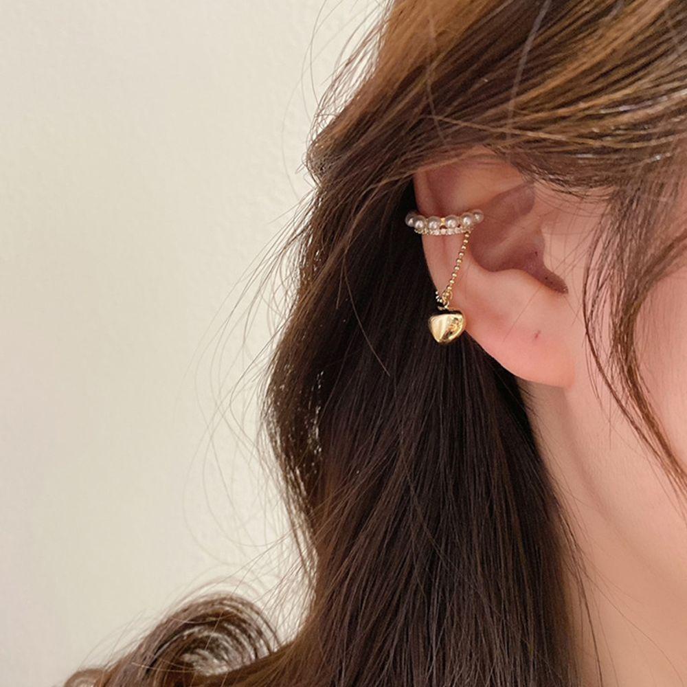 Needway Wanita Klip Telinga Trendi Elegan Mutiara Hati Tergantung Temperamen Zirkon Klip On Anting