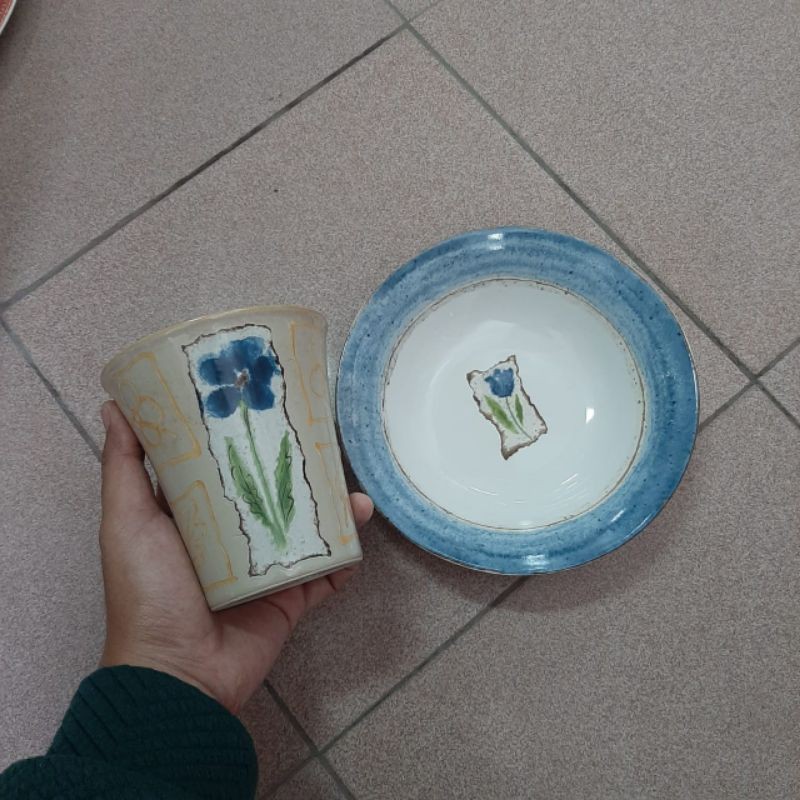 [SET] TULIP SOUP PLATE DAN MUG GELAS PIRING CEKUNG KERAMIK SANGO MOTIF BUNGA JADUL ANTIK VINTAGE
