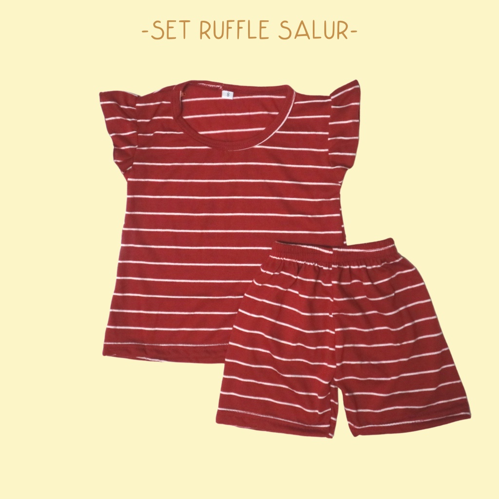 BabynKids - Setelan Anak Perempuan / Setelan Anak Ruffle Set / Set Salur Ruffle Anak / Setelan Anak Harian/ ruffle salur warna