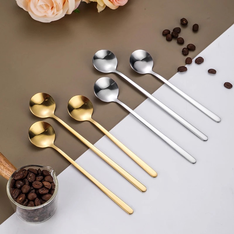 Dinner Dessert Spoon Coffee Stirring Scoop Stainless Steel Sendok Bulat Kecil Dengan Gagang Panjang High Quality Dinner Dinnerware