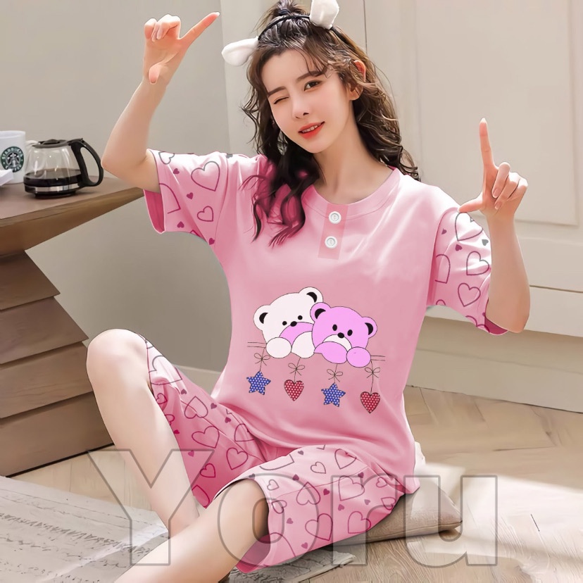 Pamelo Piyama 3/4 Baby Doll Murah Suplier Sleep Wear All Size Baju Tidur Wanita kaos Katun Stelan Stage2 Baju Tidur Murah Produk Terlaris