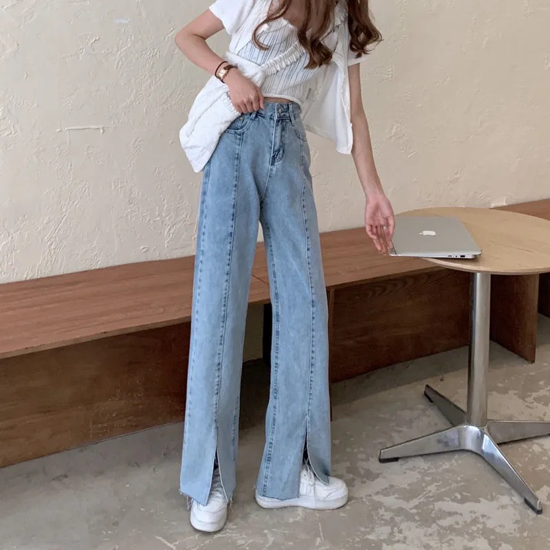 【LULU】korean style new Perpecahan biru muda highwaist Loose Slit celana jeans wanita