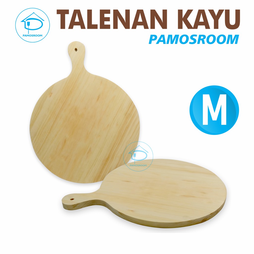 Pamosroom Talenan Kayu Pinus Wooden Cutting Board Talenan Kayu Bulat Gagang Talenan Pizza Medium