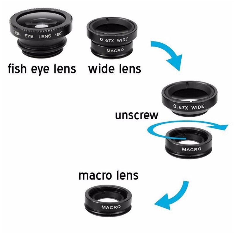 3 In 1 Lensa Fisheye + Wide Angle + Makro Untuk Handphone Universal