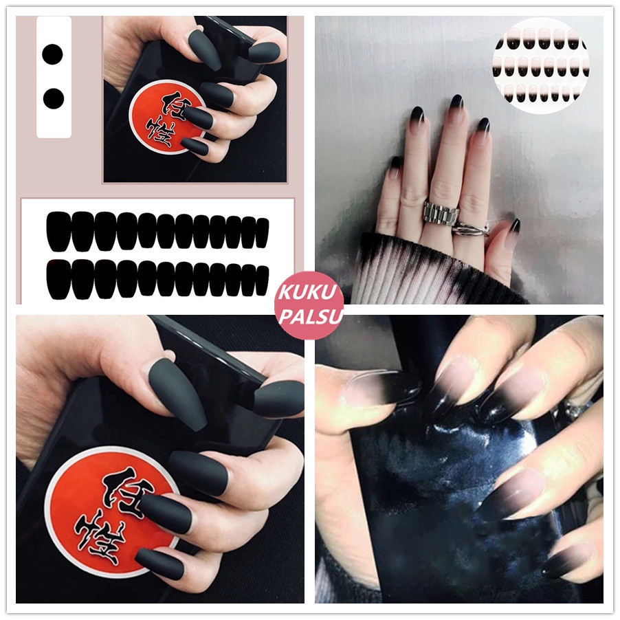 (Full) 1 Set (24PCS) Kuku Palsu Panjang Warna Hitam Matte Dengan Jelly Karet