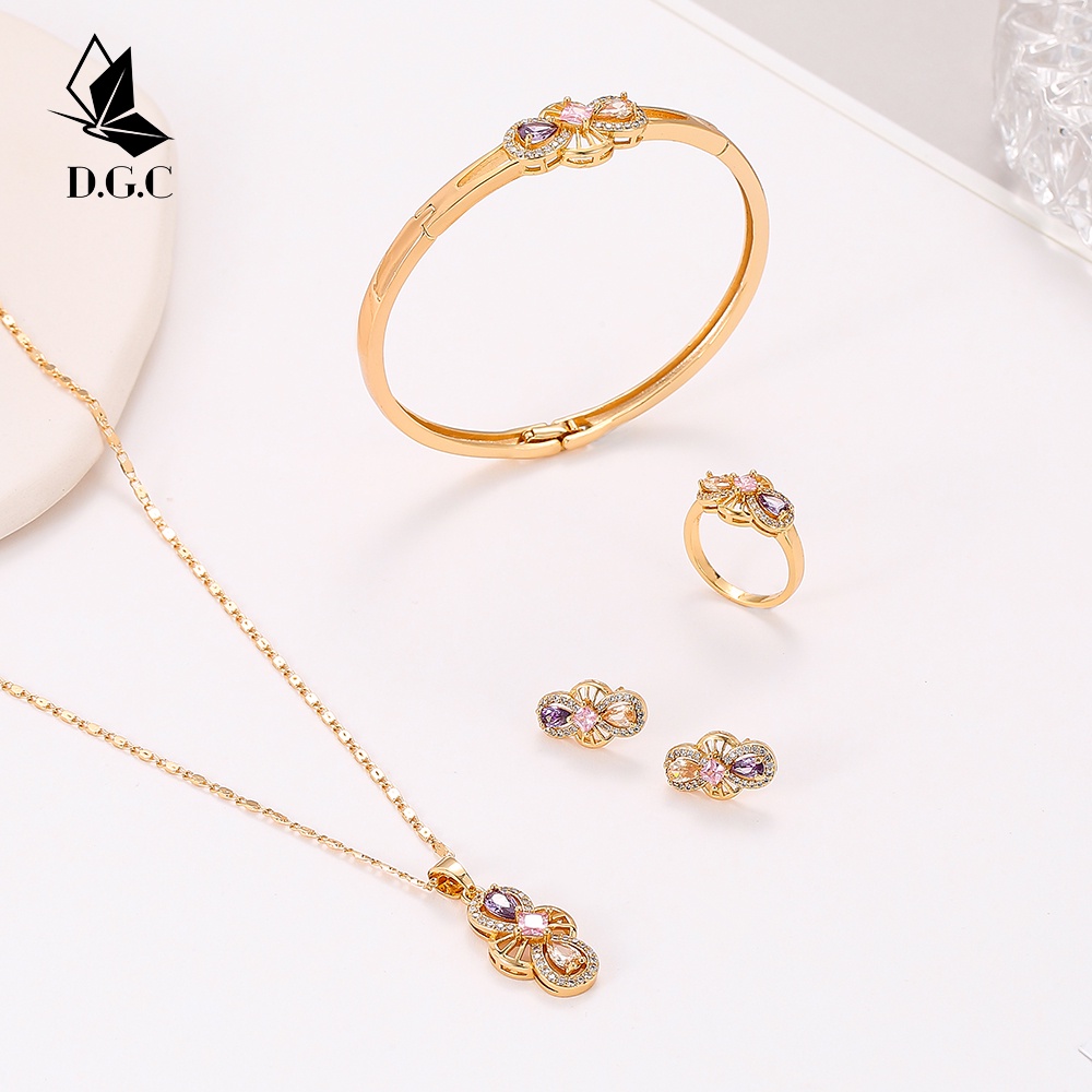 D.G.C COD Dewasa Titanium Lapis Emas Set Perhiasan Titanium Anti Karat Anting Korea Kalung Wanita Gelang Tangan Wanita Cincin