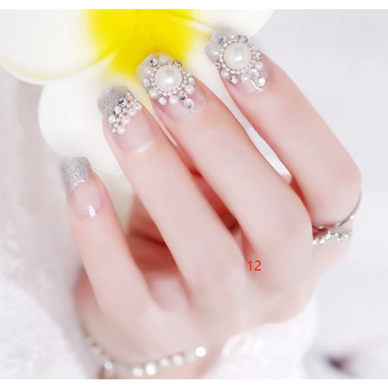 24PCS SILVER WEDDING FAKE NAILS KUKU PALSU PERNIKAHAN KUPAL PERKAWINAN RHINESTONE GLITTER FAKE NAILS