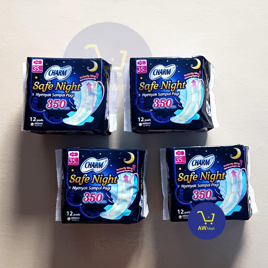 Charm Pembalut 35cm Safe Night 12 pads - SEMUA ADA SAYAPNYA - ANTI BOCOR SAMPING