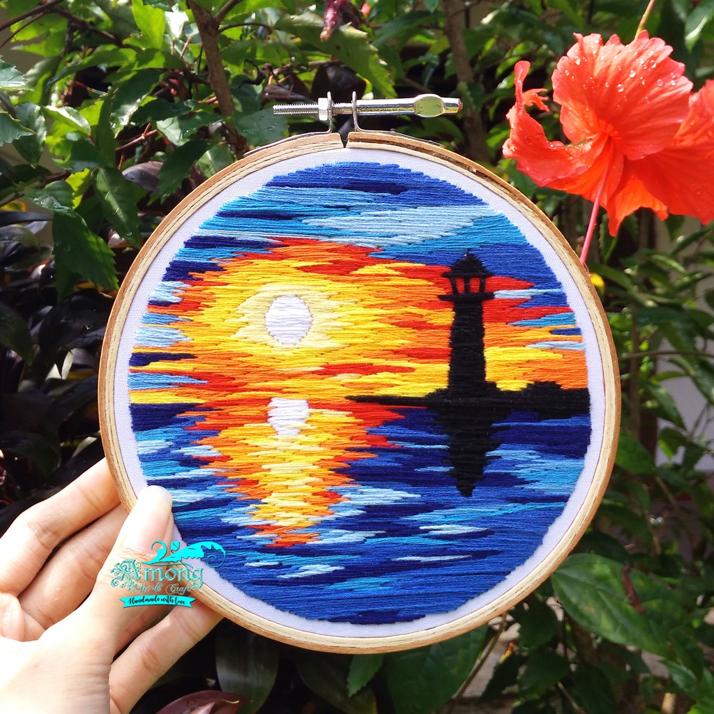 Hoop Art Hand Embroidery Landscape - Sunset - (Sulam Tangan - Hiasan Dinding - Wall Decor)