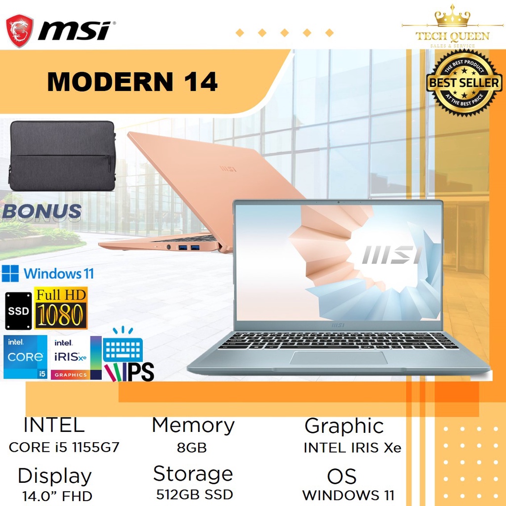 Laptop MSI Modern 14 - IrisXe Graphics - Intel i5 1155G7 8GB 512SSD W11 14.0FHD IPS