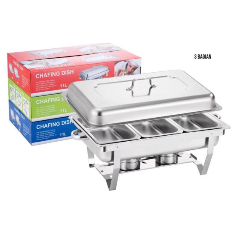 chafing dish 3 sekat 11 liter stainless / tempat prasmanan jumbo 3 sekat 11 liter / chafing dish sekat 11 liter / pemanas makanan prasmanan