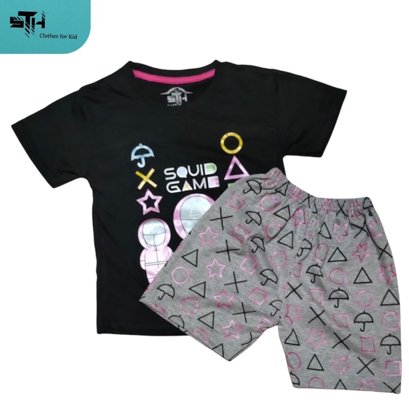 STH 3-10 tahun (1 set )[ M/L/XL/XXL ] Baju Kaos &amp; Celana Anak laki laki Cowok Cewek DISTRO Bahan Katun Cotton Combed  - SQUID GAME