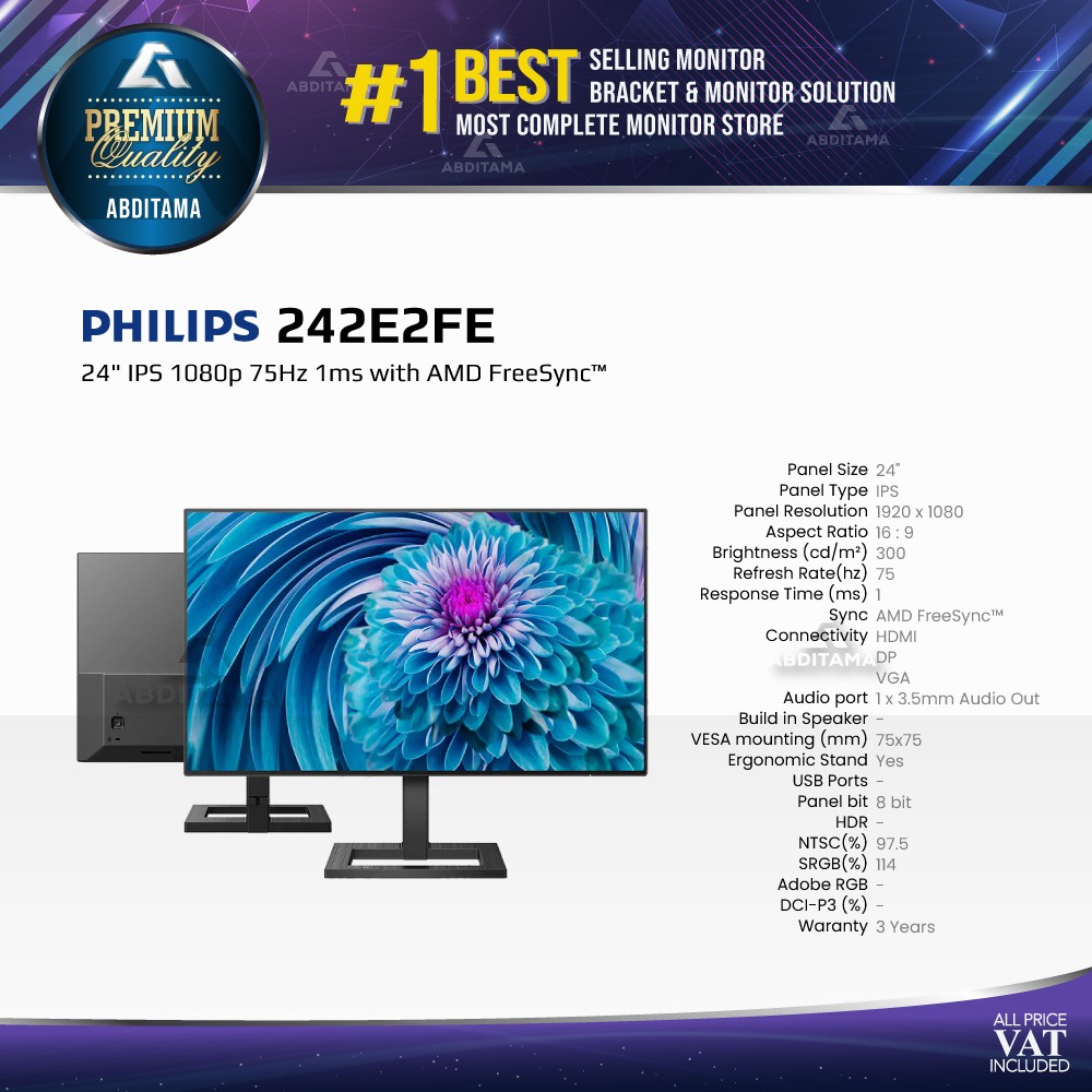 Monitor LED Philips 242E2 242E2FE 24" IPS 1080p 75Hz VGA HDMI DP Heigh