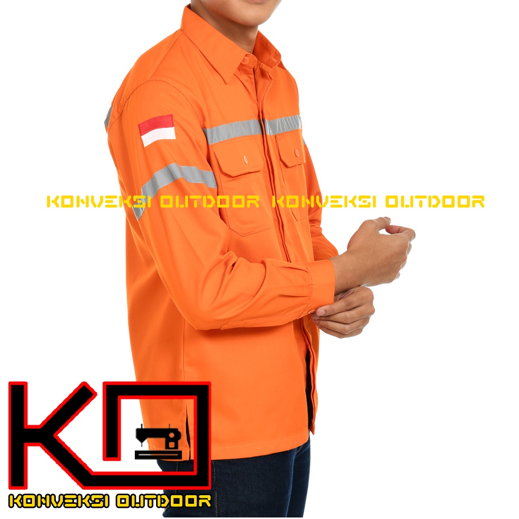 KEMEJA WEARPACK BAJU SAFETY K3 OUTDOOR INDOOR - Seragam Kemeja Kerja Lapangan Lengan Panjang Proyek Bangunan Tambang Alat Berat PLN Enginer Instalasi Mesin werpek sefti Scotlit Warna Orange Konveksi Outdoor