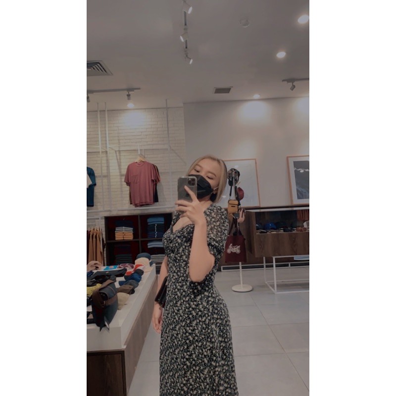 D0294 JISOO BLACKPINK KOREAN FLORAL VINTAGE MIDI DRESS KERUT