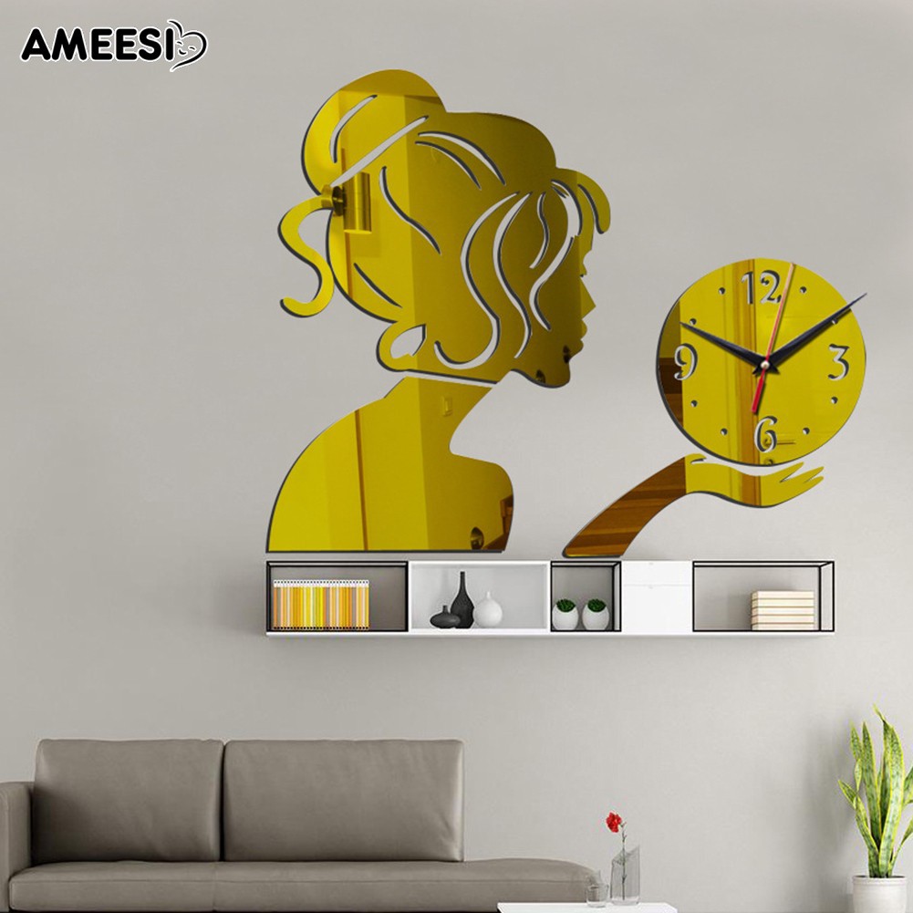 Buy It Amee Mirror Effect Lady Wall Clock Art Diy 3d Sticker Room Decor Shopee Indonesia