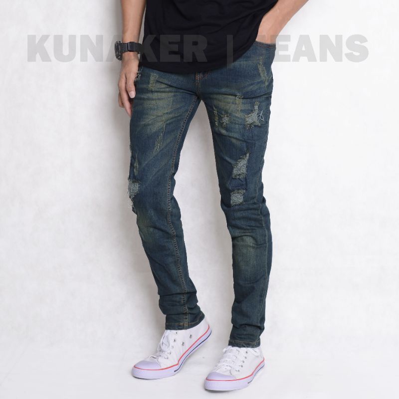 Celana jeans pria premium sobek laser tidak tembus, jeans denim pria terlaris original kunaker