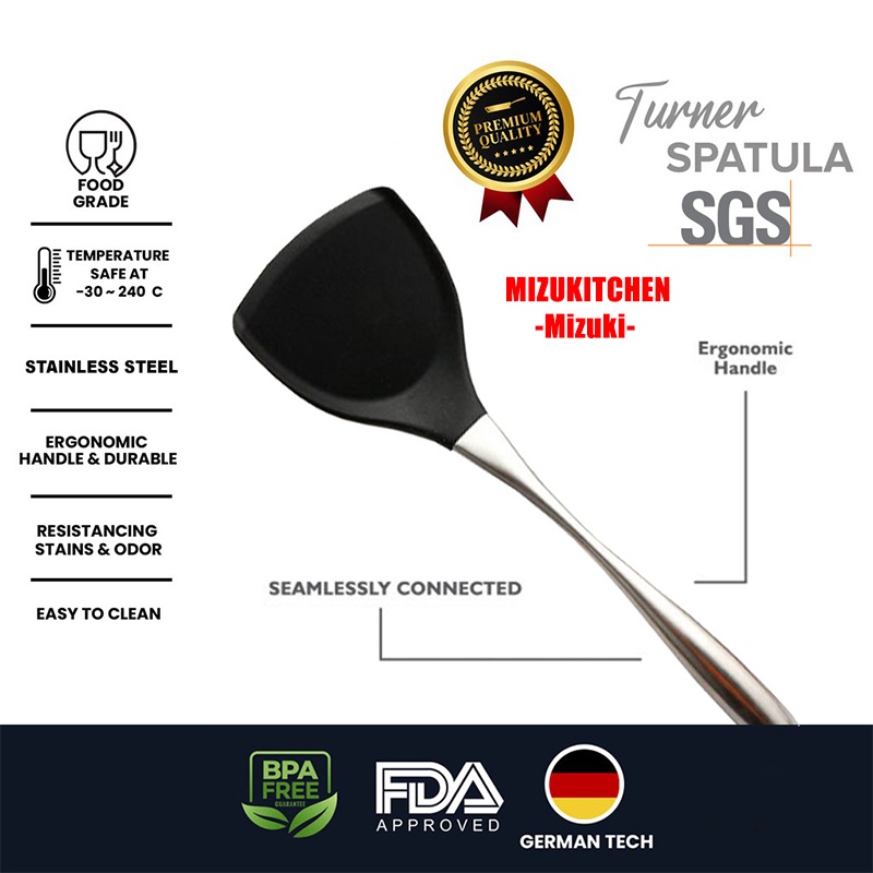 SPATULA TURNER SILIKON Hitam - Handle stainless steel tebal bisa digantung - sutil silicone 2031 BPA FREE