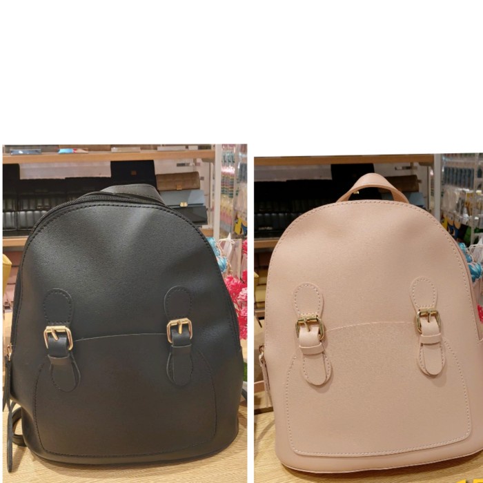 Miniso Buckle Design Solid Color Backpack Tas Punggung Ransel - Hitam
