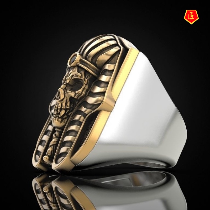 [Ready Stock]Egyptian Pharaoh Skull Gold Two-Tone Ring Exaggerated Punk
