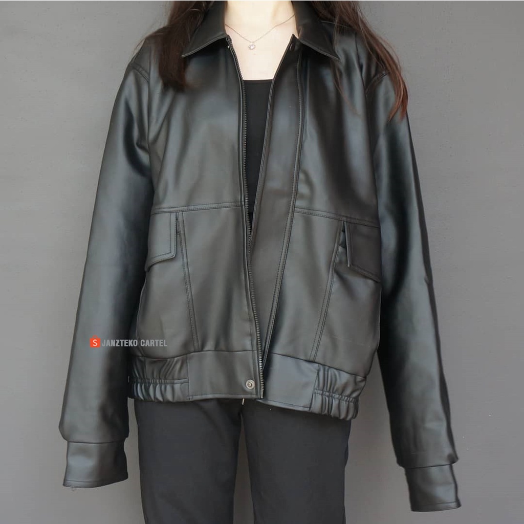 JNK x LULAC - Jaket Kulit Oversize Wanita Big Size Women Leather Jacket Unisex Trench Premium Original Semi Formal Import Distro Cewek Remaja Dewasa Anak Muda Kekinian KPOP Korea KLovers Elegan Vintage Saku Pocket Besar Kerah Kemeja Tangan Panjang Hitam