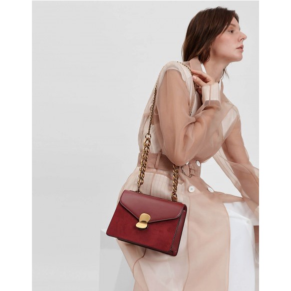 Tas Selempang wanita Medium Velvet Charles and Keith / Woman Metal Detail Front Flap slingbag maroon