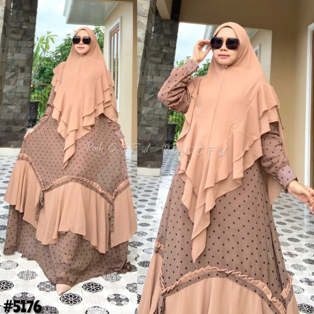 Set syar'i Maharani by Al - zeera, Resleting depan busui, Wudhu friendly, karet pinggang, belakang